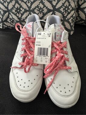 adidas White Leather Sneakers with Pink Braided Laces